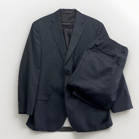 Saks Fifth Avenue Napoli CT Suit 42S Wool Blazer + 36S Pants Black W Chalk Line - Picture 1 of 16